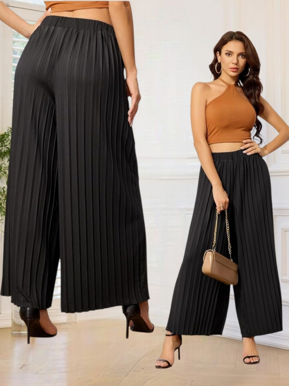 Women's Black High Waist Plissé Palazzo Flare Pants